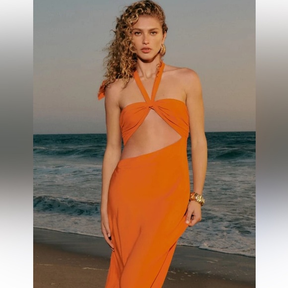Reformation Orange Cut Out Tie Front Maxi Dress - Picture 2 of 8